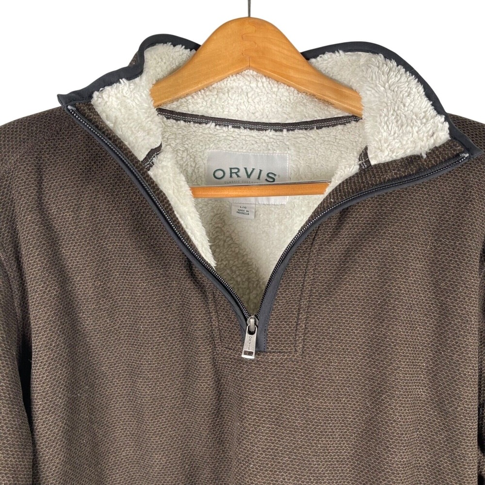 Orvis Pullover Mens Large Brown Honeycomb Textured Faux Fur Lined 1/4 Zip